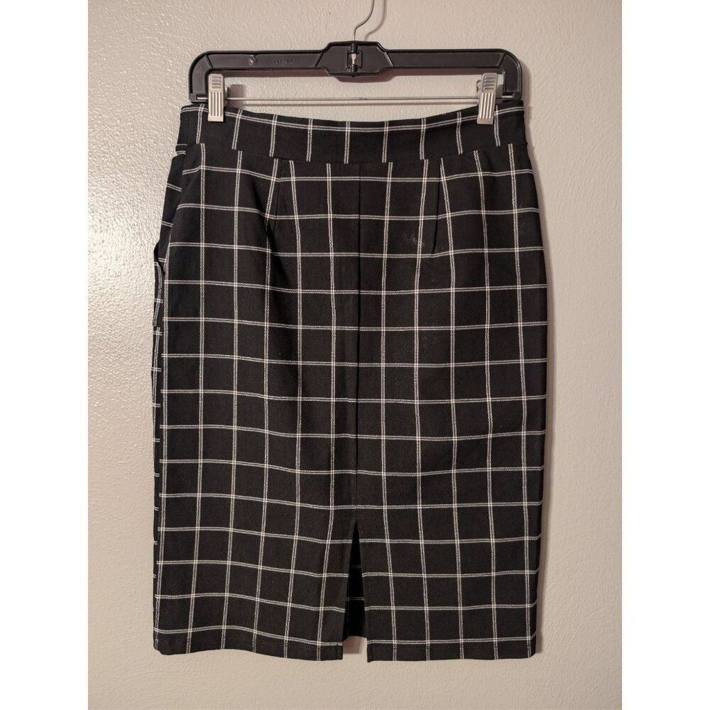 89th & Madison Windowpane Plaid Pencil Skirt Black White Size M Stretch Workwear - Picture 3 of 5
